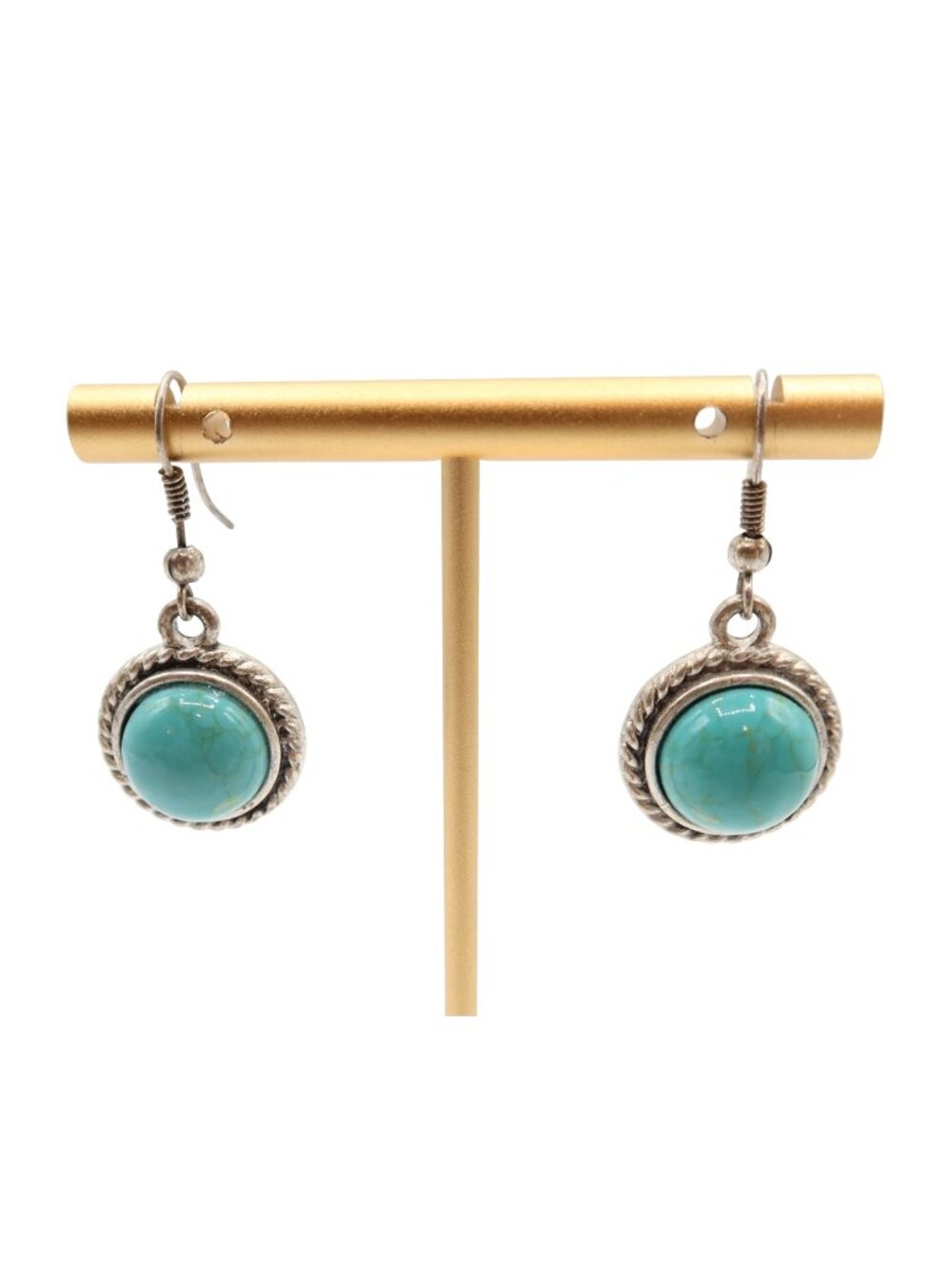 Silver Tone Faux Turquoise Cabochon Southwestern Drop Pierced Earrings Unsigned
